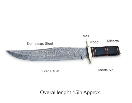 Classic 15-Inch Damascus Bowie Knife -10-inch Fixed Blade with 5 inch Elegant Wood and Brass Handle for Hunting, Camping and Self-Defense