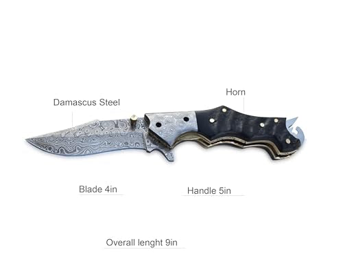 9 inch HandCrafted Damascus Steel Folding Knife: 4 inch Hand-Forged Damascus Steel blade attached to an Artisan-Crafted Horn Handle,Ideal as an EDC tool, Camping & Bushcraft