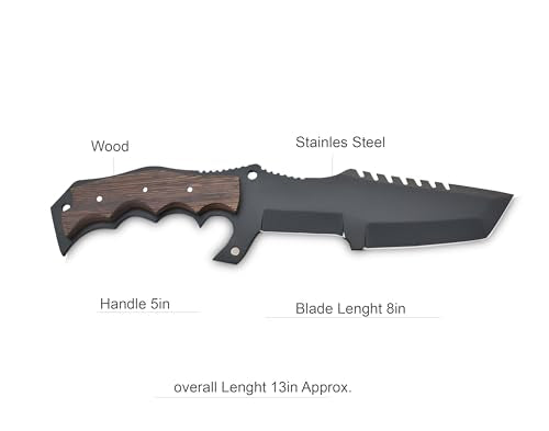 13 inch handcrafted military tracker knife with Leather sheath - 8 inch Black Powder Coated Stainless Steel Blade with 5-inch wooden handle for Camping, Outdoor, Bush craft