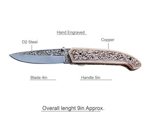 Exquisite 9-inch Hand-Crafted Folding Knife - 4-inch D2 Steel Blade with 5-inch Hand-Engraved Copper Handle - Ideal for Collection, EDC Tool, or any other Practical Use - An Extraordinary Gift (GC-FK14)