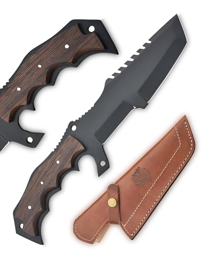 13 inch handcrafted military tracker knife with Leather sheath - 8 inch Black Powder Coated Stainless Steel Blade with 5-inch wooden handle for Camping, Outdoor, Bush craft