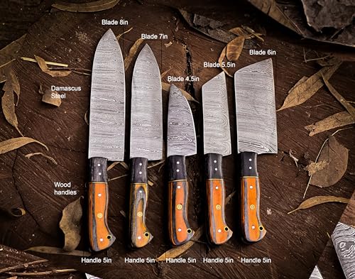 Premium Handcrafted Damascus Steel Culinary Collection: Exquisite Chef's Knives Set with Vibrant Wooden Handles and Protective Leather Roll-Up Storage Case